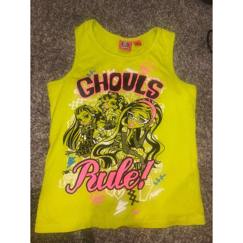 Monster High Ghouls Rule Graphic Tank Top Neon Green Frankie Stein Size 10/12